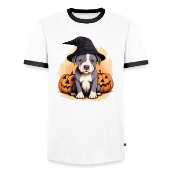 Halloween Witch Hat Pumpkin Dog American Staffie - T-shirt contrasté Homme - blanc/noir - Devant - AI Model Female 172 light (172cm) & AI Model Male 178 dark (178cm)
