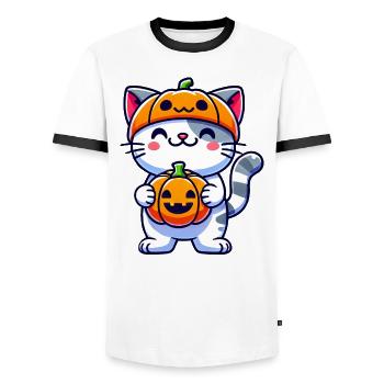 Whimsical Halloween Cat with Pumpkin and Hat - Men's Ringer Shirt - white/black - Front - AI Model Female 172 light (172cm) & AI Model Male 178 dark (178cm)