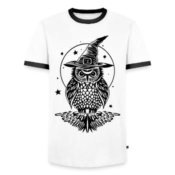 Eule mit Hexenhut und Sternen im Herbst - Männer Kontrast-T-Shirt - Weiß/Schwarz - Vorne - AI Model Female 172 light (172cm) & AI Model Male 178 dark (178cm)