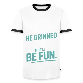 When God made me, he grinned! - Men's Ringer Shirt - white/black - Front - AI Model Female 172 light (172cm) & AI Model Male 178 dark (178cm)