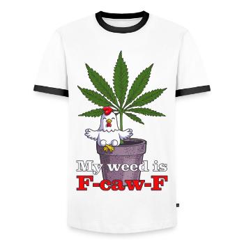 My weed is F-caw-F - Men's Ringer Shirt - white/black - Front - AI Model Female 172 light (172cm) & AI Model Male 178 dark (178cm)