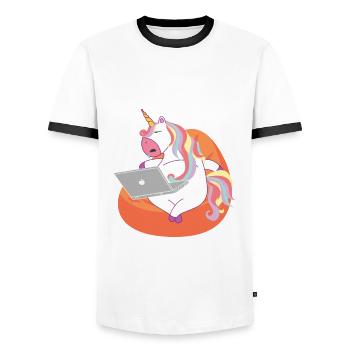 Unicorn sleeping with laptop / Einhorn - Men's Ringer Shirt - white/black - Front - AI Model Female 172 light (172cm) & AI Model Male 178 dark (178cm)