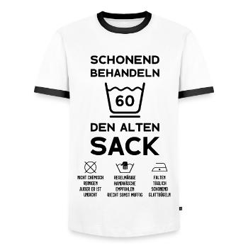60. GEBURTSTAG HERREN 60 JAHRE SCHONEND BEHANDELN - Männer Kontrast-T-Shirt - Weiß/Schwarz - Vorne - AI Model Female 172 light (172cm) & AI Model Male 178 dark (178cm)