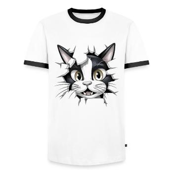 Hole Peekaboo: Baby-Katze auf Abenteuer - Männer Kontrast-T-Shirt - Weiß/Schwarz - Vorne - AI Model Female 172 light (172cm) & AI Model Male 178 dark (178cm)