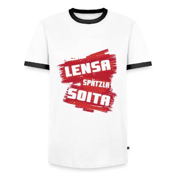 Linsen, Spätzle und Saiten - Männer Kontrast-T-Shirt - Weiß/Schwarz - Vorne - AI Model Female 172 light (172cm) & AI Model Male 178 dark (178cm)