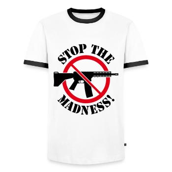 Arrêtez la folie! (Panneau d’interdiction des armes 3C) - T-shirt contrasté Homme - blanc/noir - Devant - AI Model Female 172 light (172cm) & AI Model Male 178 dark (178cm)