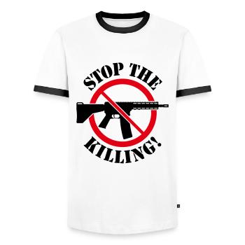 Stop The Killing! (Waffenverbot Verbotsschild 2C) - Männer Kontrast-T-Shirt - Weiß/Schwarz - Vorne - AI Model Female 172 light (172cm) & AI Model Male 178 dark (178cm)