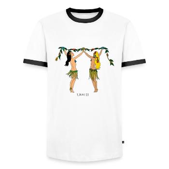 Chloé in Tahiti - Men's Ringer Shirt - white/black - Front - AI Model Female 172 light (172cm) & AI Model Male 178 dark (178cm)