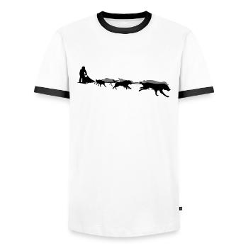 Husky - Hundeschlitten - Yukon Quest - Alaska - Männer Kontrast-T-Shirt - Weiß/Schwarz - Vorne - AI Model Female 172 light (172cm) & AI Model Male 178 dark (178cm)