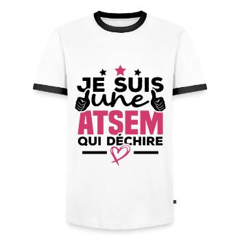 Je suis une ATSEM qui déchire - T-shirt contrasté Homme - blanc/noir - Devant - AI Model Female 172 light (172cm) & AI Model Male 178 dark (178cm)