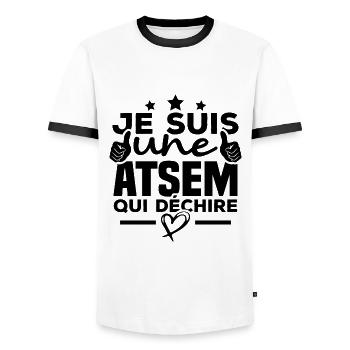 Je suis une ATSEM qui déchire - T-shirt contrasté Homme - blanc/noir - Devant - AI Model Female 172 light (172cm) & AI Model Male 178 dark (178cm)