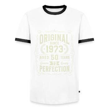 Original depuis 1973 50e anniversaire - T-shirt contrasté Homme - blanc/noir - Devant - AI Model Female 172 light (172cm) & AI Model Male 178 dark (178cm)