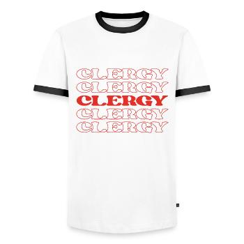 Citations drôles d’appréciation du clergé - T-shirt contrasté Homme - blanc/noir - Devant - AI Model Female 172 light (172cm) & AI Model Male 178 dark (178cm)
