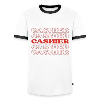 Caissier, Caissier, Caissier, Caissier, Commis Manutentionnaire - T-shirt contrasté Homme - blanc/noir - Devant - AI Model Female 172 light (172cm) & AI Model Male 178 dark (178cm)