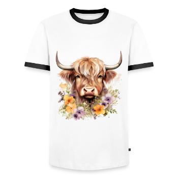 Nature's Grace: Highland Cow Illustrations for All - Men's Ringer Shirt - white/black - Front - AI Model Female 172 light (172cm) & AI Model Male 178 dark (178cm)