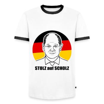 stolz auf Scholz, Bundeskanzler, Deutschland Shirt - Männer Kontrast-T-Shirt - Weiß/Schwarz - Vorne - AI Model Female 172 light (172cm) & AI Model Male 178 dark (178cm)
