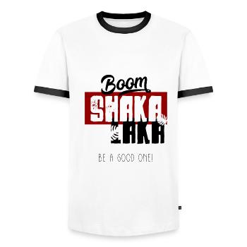 Boom Shaka Laka Saying - Men's Ringer Shirt - white/black - Front - AI Model Female 172 light (172cm) & AI Model Male 178 dark (178cm)