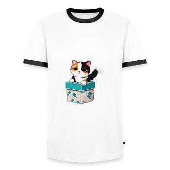 Chat dans une boite , avec son pelage lumineux - T-shirt contrasté Homme - blanc/noir - Devant - AI Model Female 172 light (172cm) & AI Model Male 178 dark (178cm)