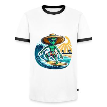 Lustiges kleines Alien auf Surfboard - Männer Kontrast-T-Shirt - Weiß/Schwarz - Vorne - AI Model Female 172 light (172cm) & AI Model Male 178 dark (178cm)