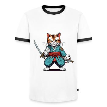Samurai-Katze - Männer Kontrast-T-Shirt - Weiß/Schwarz - Vorne - AI Model Female 172 light (172cm) & AI Model Male 178 dark (178cm)