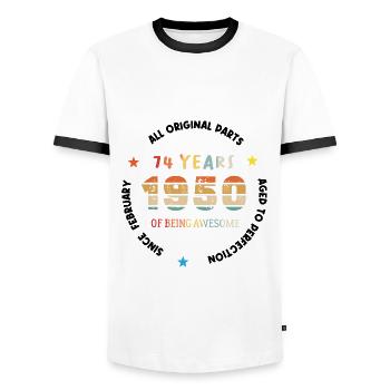 74 Years Old Made In 1950 Vintage February 1950 - Men's Ringer Shirt - white/black - Front - AI Model Female 172 light (172cm) & AI Model Male 178 dark (178cm)