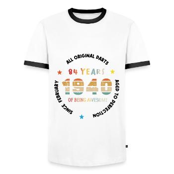 84 Jahre alt Baujahr 1940 Jahrgang Februar 1940 - Männer Kontrast-T-Shirt - Weiß/Schwarz - Vorne - AI Model Female 172 light (172cm) & AI Model Male 178 dark (178cm)