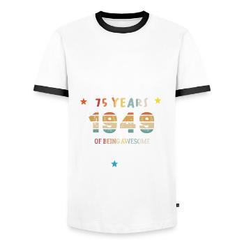 75 Years Old Made In 1949 Vintage February 1949 - Men's Ringer Shirt - white/black - Front - AI Model Female 172 light (172cm) & AI Model Male 178 dark (178cm)