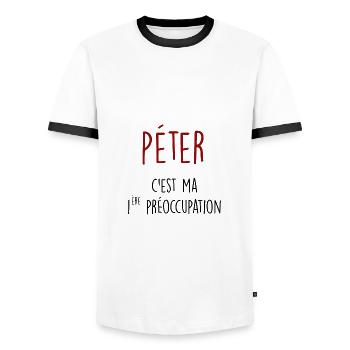 péter c'est ma 1ère préoccupation - T-shirt contrasté Homme - blanc/noir - Devant - AI Model Female 172 light (172cm) & AI Model Male 178 dark (178cm)