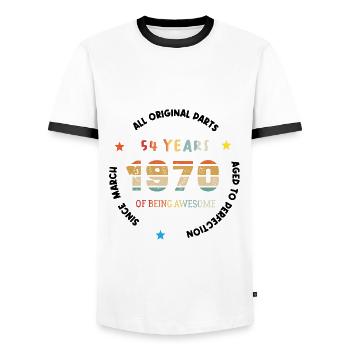54 Years Old Made In 1970 Vintage March 1970 - Men's Ringer Shirt - white/black - Front - AI Model Female 172 light (172cm) & AI Model Male 178 dark (178cm)