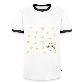 Pharmacy Cat Pills to Purrs yellow-white - Men's Ringer Shirt - white/black - Front - AI Model Female 172 light (172cm) & AI Model Male 178 dark (178cm)
