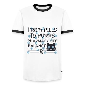 Pharmacy Cat From Pills to Purrs blue-black - Men's Ringer Shirt - white/black - Front - AI Model Female 172 light (172cm) & AI Model Male 178 dark (178cm)