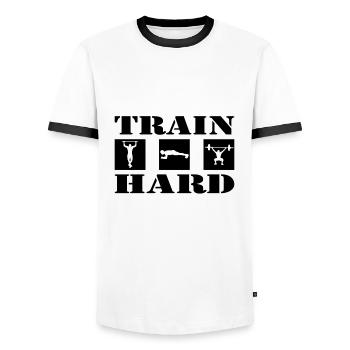 Fitness Training - Männer Kontrast-T-Shirt - Weiß/Schwarz - Vorne - AI Model Female 172 light (172cm) & AI Model Male 178 dark (178cm)