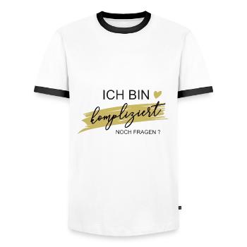 I'm complicated! Any questions? -Gift - Men's Ringer Shirt - white/black - Front - AI Model Female 172 light (172cm) & AI Model Male 178 dark (178cm)