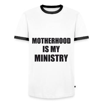 La maternité est mon ministère - T-shirt contrasté Homme - blanc/noir - Devant - AI Model Female 172 light (172cm) & AI Model Male 178 dark (178cm)