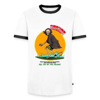 Skeleton play surfboard on holiday scary cartoon - Männer Kontrast-T-Shirt - Weiß/Schwarz - Vorne - AI Model Female 172 light (172cm) & AI Model Male 178 dark (178cm)