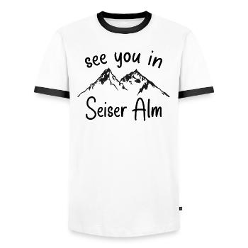 Seiser Alm Snowboarden Wandern und Ski fahren - Männer Kontrast-T-Shirt - Weiß/Schwarz - Vorne - AI Model Female 172 light (172cm) & AI Model Male 178 dark (178cm)
