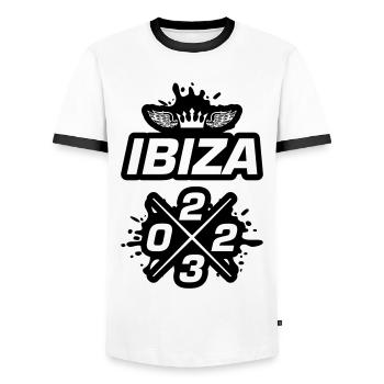 Ibiza 2023 - Männer Kontrast-T-Shirt - Weiß/Schwarz - Vorne - AI Model Female 172 light (172cm) & AI Model Male 178 dark (178cm)
