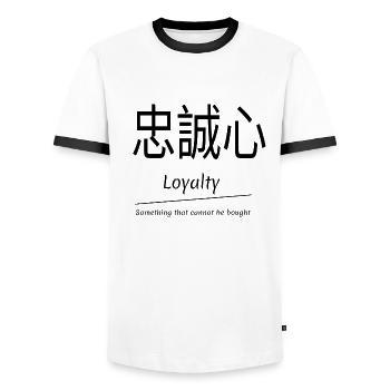 Loyalität, Japanische Zeichen, englisch, schlicht - Männer Kontrast-T-Shirt - Weiß/Schwarz - Vorne - AI Model Female 172 light (172cm) & AI Model Male 178 dark (178cm)