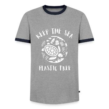 Please Keep the Sea Plastic Free Turtle Scene - Men's Ringer Shirt - grey/navy  - Front - AI Model Female 172 light (172cm) & AI Model Male 178 light (178cm)