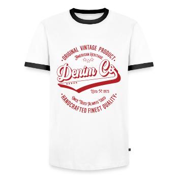 Denim Co. original vintage product handcrafted - Men's Ringer Shirt - white/black - Front - AI Model Female 172 light (172cm) & AI Model Male 178 dark (178cm)
