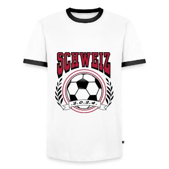 Football Switzerland Euro 2024 - Men's Ringer Shirt - white/black - Front - AI Model Female 172 light (172cm) & AI Model Male 178 dark (178cm)