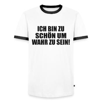 too good to be true Self-absorbed Selfish Selfish - Men's Ringer Shirt - white/black - Front - AI Model Female 172 light (172cm) & AI Model Male 178 dark (178cm)