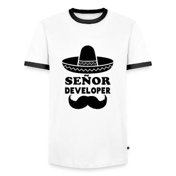 Señor Developer for Programming & Senior Developer - T-shirt contrasté Homme - blanc/noir - Devant - AI Model Female 172 light (172cm) & AI Model Male 178 dark (178cm)