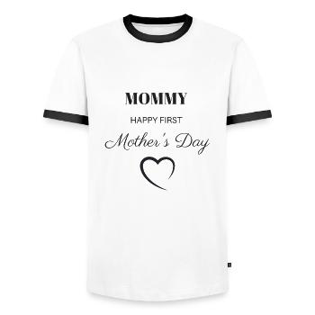 MOMMY HAPPY FIRST MOTHER'S DAY / HEART - Men's Ringer Shirt - white/black - Front - AI Model Female 172 light (172cm) & AI Model Male 178 dark (178cm)