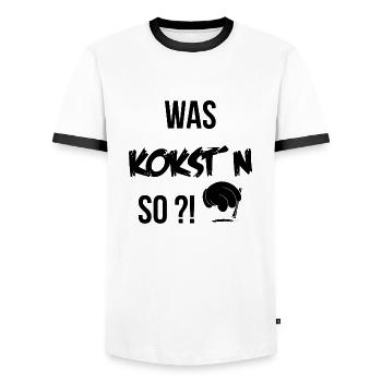 Was Kokst'n so!? SPRUCH SPRÜCHE PARTY SPRÜCHE WITZ - Männer Kontrast-T-Shirt - Weiß/Schwarz - Vorne - AI Model Female 172 light (172cm) & AI Model Male 178 dark (178cm)