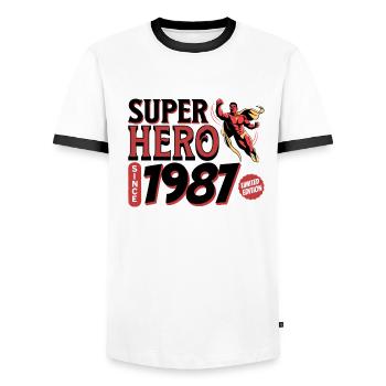 Super Heroes Since 1987 - Anniversary 35 years - Men's Ringer Shirt - white/black - Front - AI Model Female 172 light (172cm) & AI Model Male 178 dark (178cm)
