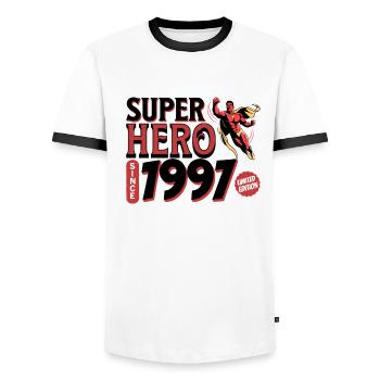 Super Heroes Since 1997 - Anniversary 25 years - Men's Ringer Shirt - white/black - Front - AI Model Female 172 light (172cm) & AI Model Male 178 dark (178cm)