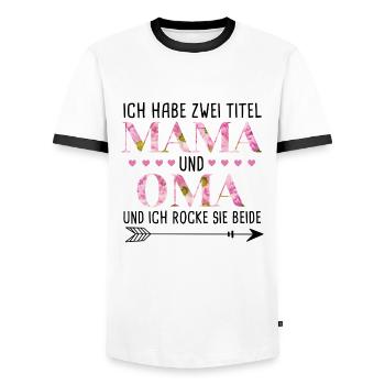 Ich habe 2 Titel Mama und Oma - Männer Kontrast-T-Shirt - Weiß/Schwarz - Vorne - AI Model Female 172 light (172cm) & AI Model Male 178 dark (178cm)