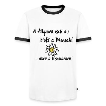 Allgaier Mensch | Allgäu Tassen & Zubehör - Männer Kontrast-T-Shirt - Weiß/Schwarz - Vorne - AI Model Female 172 light (172cm) & AI Model Male 178 dark (178cm)
