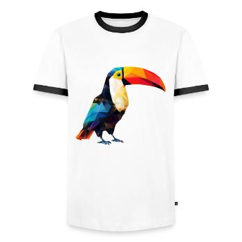 Toucan géométrique : l’art polygonal au paradis - T-shirt contrasté Homme - blanc/noir - Devant - AI Model Female 172 light (172cm) & AI Model Male 178 dark (178cm)
